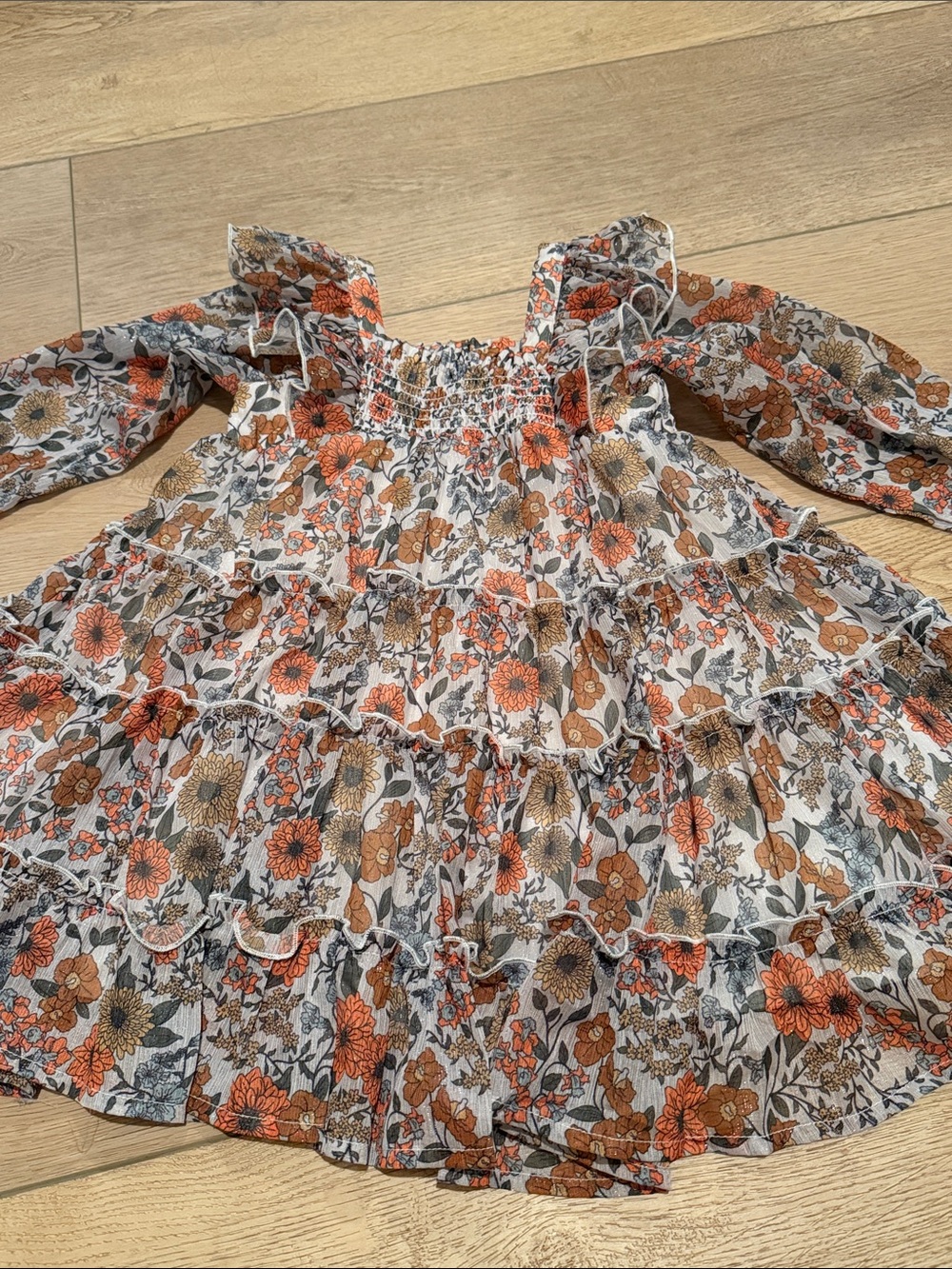 cheeky plum Floral Ruffle Dress in Orange, Brown, Gray